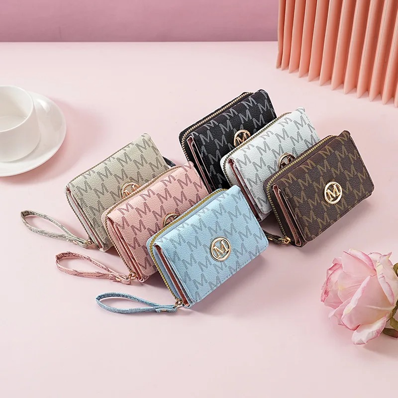 Women Bags Accessories - 三つ折りジッパーウォレット、レターパターン入り、スタイリッシュなマルチカラーカードホルダーとリストストラップ付き、女性用のおしゃれな普段使い財布*