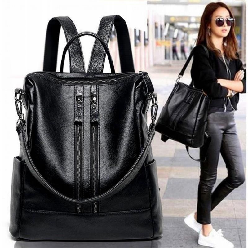 Women Bags College - 女性ソフトレザーバックパックスクールブラックカジュアル多機能カレッジバッグ大容量ショルダーバッグトラベルトートバックパック