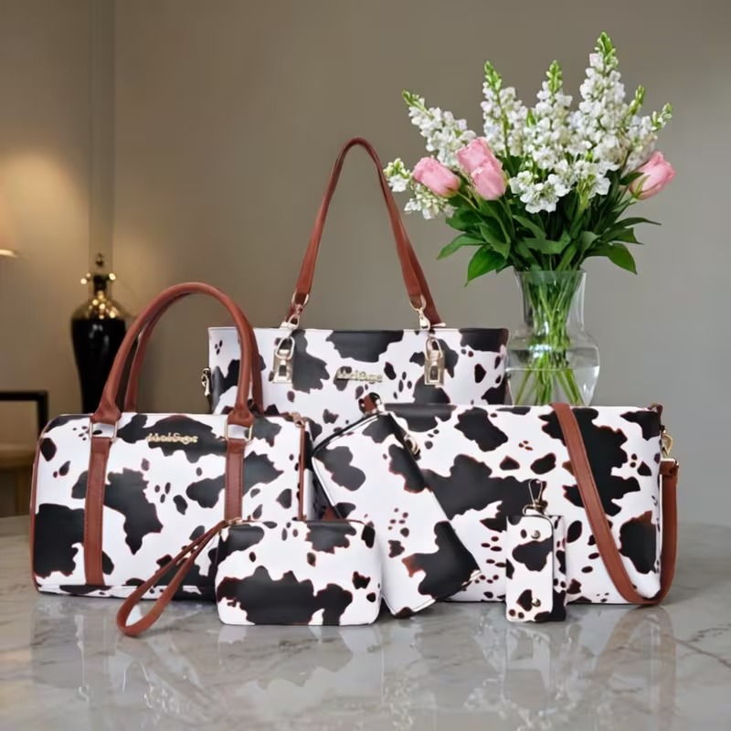 Women'S Crossbody Bags - 6点セットPUレザー牛柄トートバッグセット、女性用ショルダーバッグ、クロスボディバッグ、防しわハンドバッグを含む