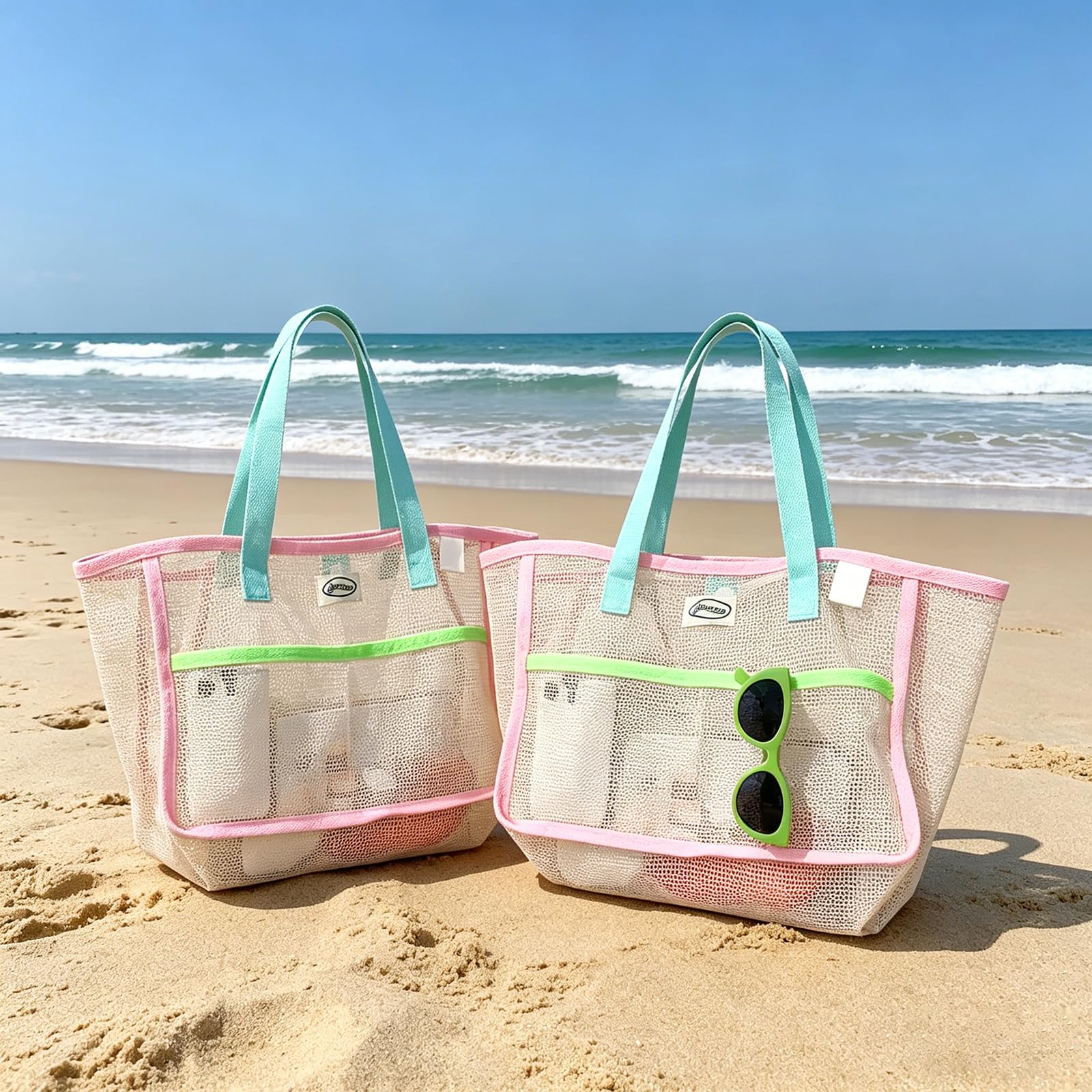 Women Bags Accessories - 女性用ビーチバッグ カラフルな折りたたみ式ネットサンドトートバッグ 旅行用プール収納ポケット ビーチアクセサリー用