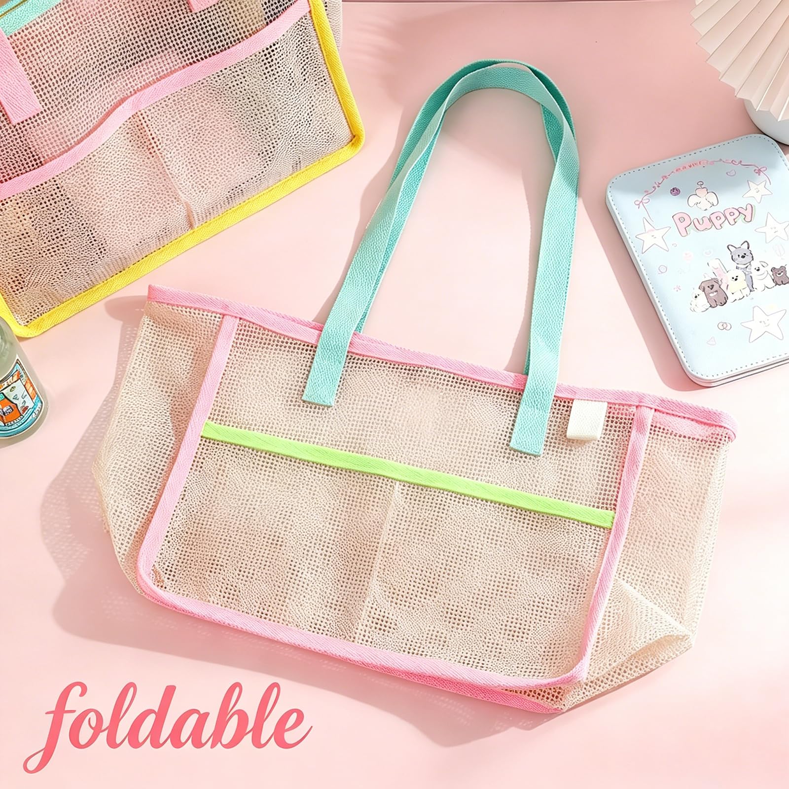 女性用ビーチバッグ カラフルな折りたたみ式ネットサンドトート - Women Bags Accessories のレビューと価格